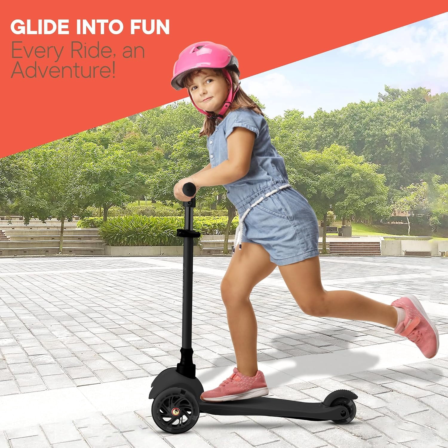 Campior Black 3-Wheel Kids Scooter, Lean-to-Steer with LED Wheels, Adjustable Handlebar, Anti-Slip Deck, Rear Foot Brake, Ages 2+