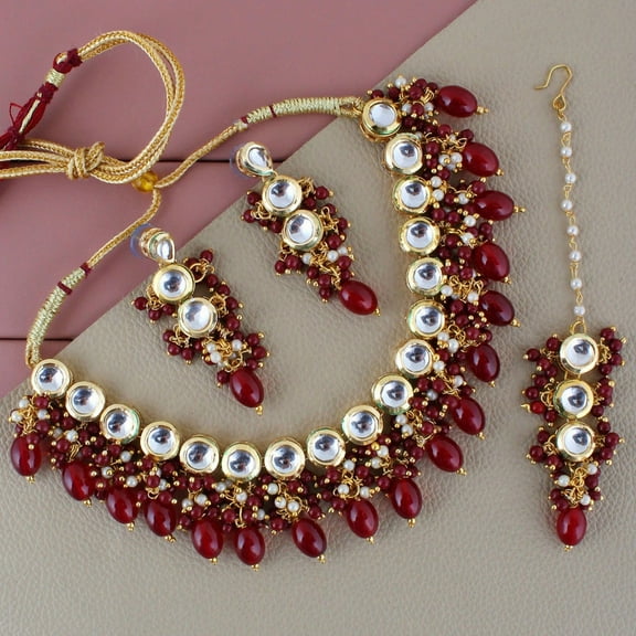 Lucky Jewellery Back Meenakari Stone Bollywood Style Handcrafted Indian Jewelry 18k Gold Plated Maroon Color Tika Earring Combo Uncut Big Faux Kundan Choker Necklace Set