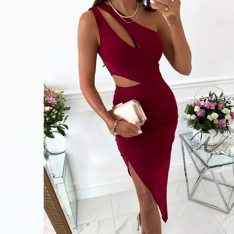 Women Sexy Dresses for Club Night One Shoulder Cut Out Dress Solid