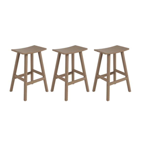 FADINGFREE 29" Outdoor Saddle Seat Bar Stool Set of 3, HDPE Plastic Patio Bar Stool, Weathered Wood