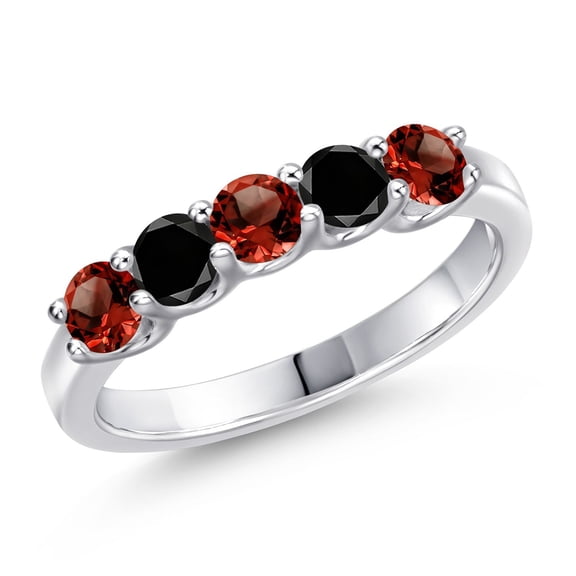 Gem Stone King 925 Sterling Silver Red Garnet and Black Diamond Wedding-Bands Ring for Women | 0.94 Cttw | Round 3.5MM | Gemstone January Birthstone | Size 5