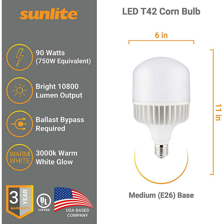 Sunlite 81261-SU T42 Super Bright High Lumen Corn Light Bulb, 90 Watts (1000W Equivalent) 10,800 Lumens, Mogul e39 Base, Multi Volt, Non-Dimmable, 30K-Warm White, UL Listed-Wet Location - Walmart.com