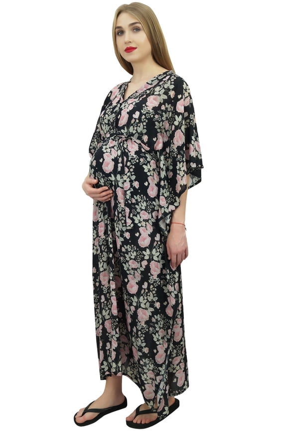 Moms Black Floral Printed Kimono Sleeve Maternity Kaftan With Belt-24