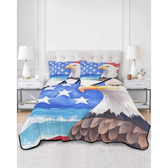 Quilts Full Size, American Flag Soft Comforter Bedding Set for Bed, Country Eagle Independence Day Blue Red Lightweight Quilted Bedspread with Pillow Cover(2 Pieces) for All Season, 78x90 Inch