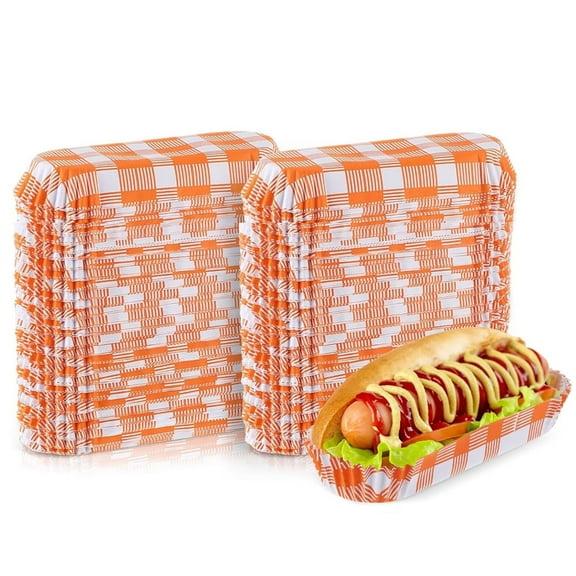 NOGIS 200 Pcs Paper Hot Dog Trays 5.5 Inch Paper Food Trays Concession Stand Supplies Disposable Hot Dog Holder Paper Hotdog Boats Rectangular Fluted Paper Hot Dog Liners for Takeout Food