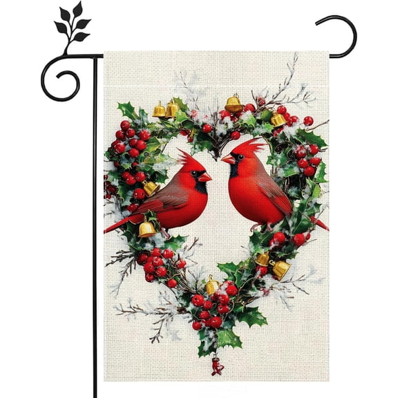 Valentines Day Cardinal Bird Garden Flag 12x18 Inch Double Sided Burlap Spring Love Hearts Outdoor Decor