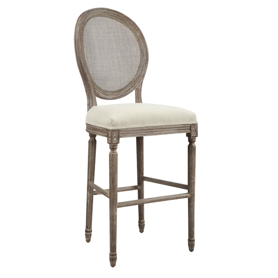 Emerald Home Salerno Sand Gray 30" Bar Stool with Upholstered Seat, Carved Legs, And Rattan Back, Set of Two