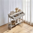 thumbnail image 7 of Oatmeal Beige Boho Style Console Table - a narrow entryway table with 2 drawers, an open storage shelf, and rounded corners. also as a sofa table., 7 of 7