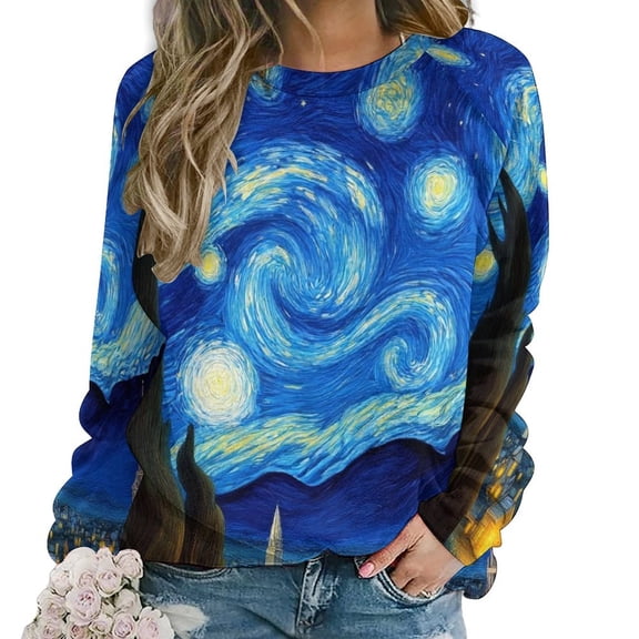 Starry Night-1 Fashion Round Neck Long Sleeve Printed Elegant Casual Loose Hoodie