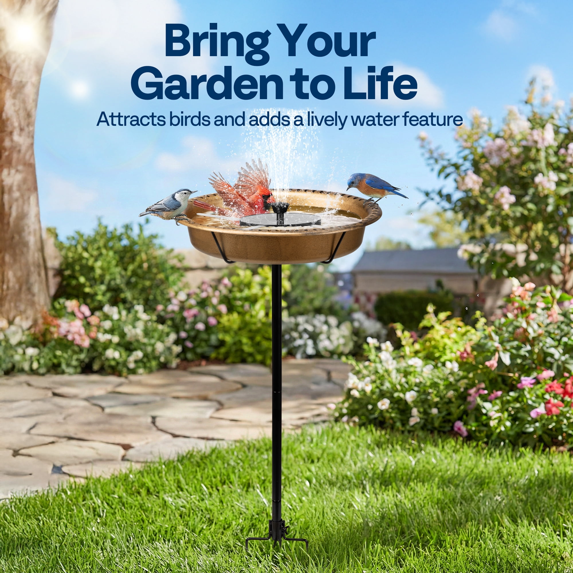 SPECSTAR Oval Bird Bath with Solar Fountain for Outside, Weather-Resistant ABS Birdbath Bowl with Solar Powered Pump, Metal Ground Stake for Outdoor, Garden, 1.3 Gallons, Copper