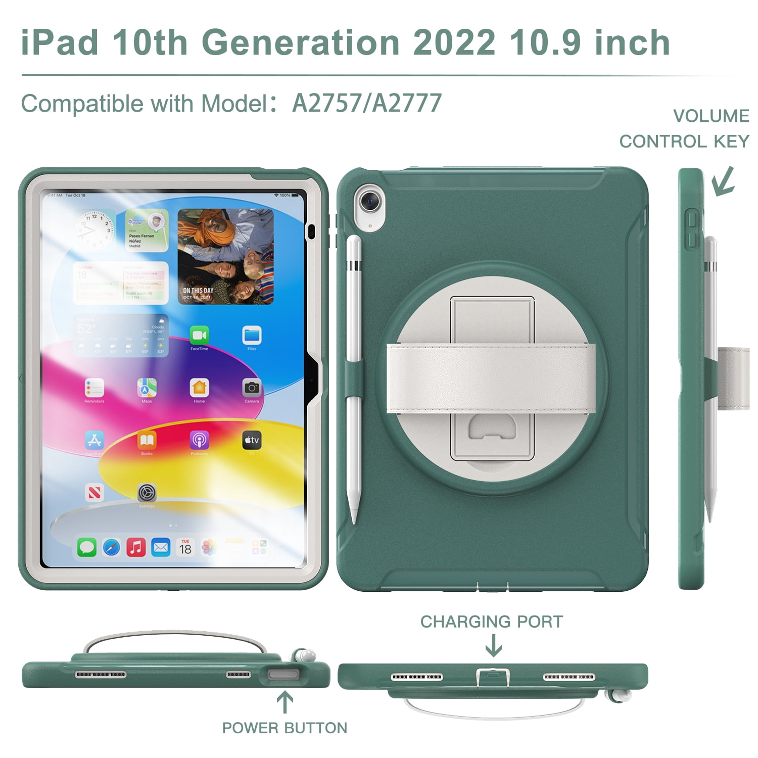 Allytechgroup Case for Apple iPad 11th Gen 11" 2025/ iPad 10th Gen 10.9" 2022, Build-in Pencil Holder Rotaing Stand Heavy Duty Shockproof Kids Friendly Hand Strap Tablet Cover for iPad 11/ iPad 10
