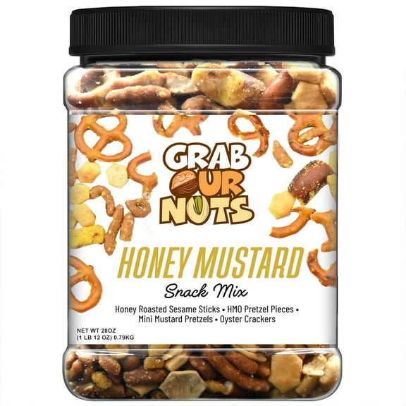 Grab Our Nuts Honey Mustard Snack Mix 28 Ounce Jar: Honey Roasted Sesame Sticks, HMO Pretzel Pieces, Mini Mustard Pretzels, Oyster Crackers