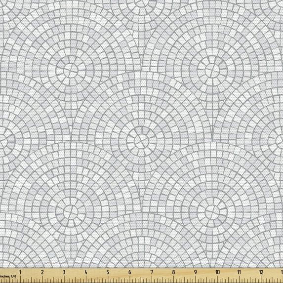 Geometric Fabric by the Yard, Geometrical Mosaic Pattern of Overlapping Circular Tiles Trencadis Layout, Upholstery Fabric for Dining Chairs Home Decor Accents, Grey and White by Ambesonne