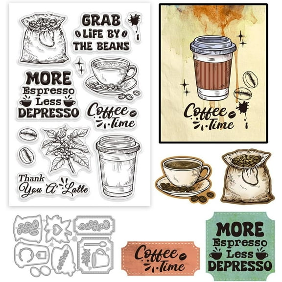 Coffee Theme DIY Scrapbooking Tool Sets with 1Pc PVC Plastic Clear Stamps and 1Pc Carbon Steel Cutting Dies Stencils Drink