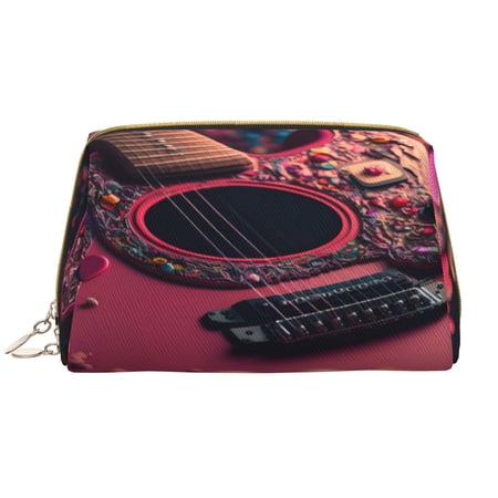 Picia Romantic Heart Guitar Print Leather Makeup Bag Make Up Bag Travel Toiletry Bag for Her Girlfriend Teacher Teen Girl Gifts