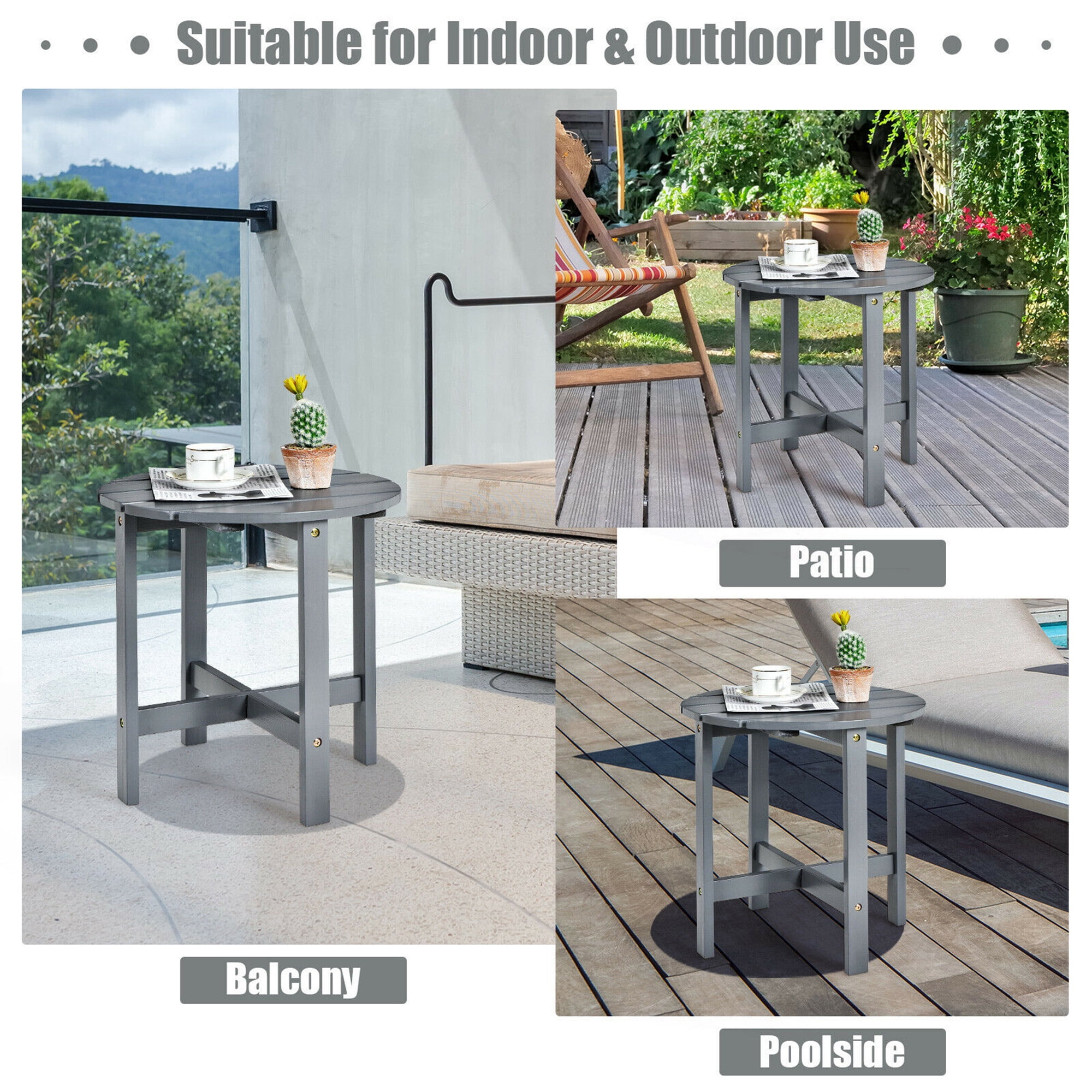 Gymax Wooden Slat Round 18" Patio Coffee Table, Gray