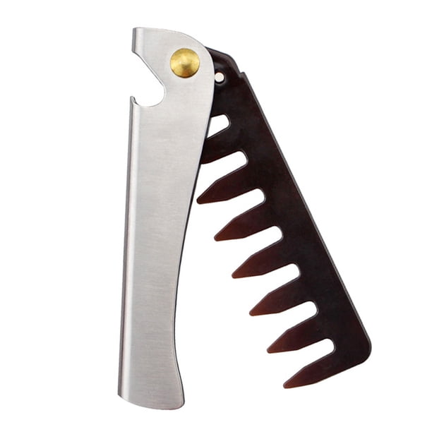 Peine plegable de acero inoxidable con mango, peine portátil de bolsillo para peinar, ideal para esposos, padres y hombres (dientes anchos).