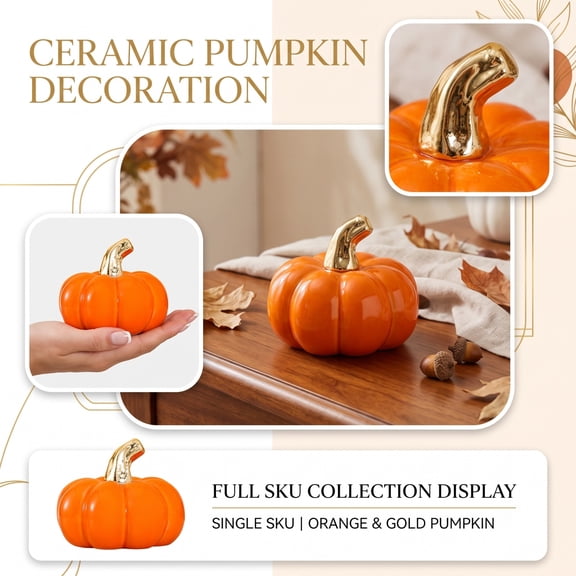 Small Ceramic Pumpkin Decoration, Paintable Fall Halloween Thanksgiving Decor, 2.6" Glossy Orange Saffron Figurine, Weatherproof DIY Craft Centerpiece for Kitchen Table Porch Home Accent Gift