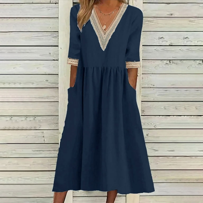 CLESALE Linen Dress Elegant Half Sleeve Solid Patchwork Dresses Daily V-Neck Comfy A-Line Midi Dresses for Women Patchwork Flowy Sundress(Navy XL) - Walmart.com CLESALE Linen Dress Elegant Half Sleeve Solid Patchwork Dresses Daily V-Neck Comfy A-Line Midi Dresses for Women Patchwork Flowy Sundress(Navy XL) - Walmart.com