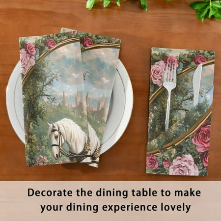 

BZSMCE Satin Native Fab Cotton Dinner Napkin White Horse Flowers Reusable