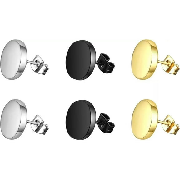 3 Pairs 316L Surgical-Steel Flat Round Black Silver Gold Men Women Stud Earrings