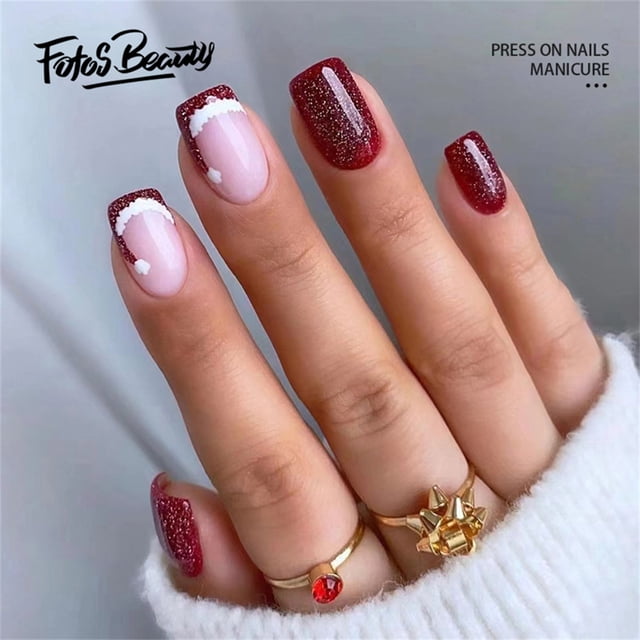 Décoration de Noël Fofosbeauty Faux Ongles, Carrés à Presser, Chapeaux de Père Noël Rouges
