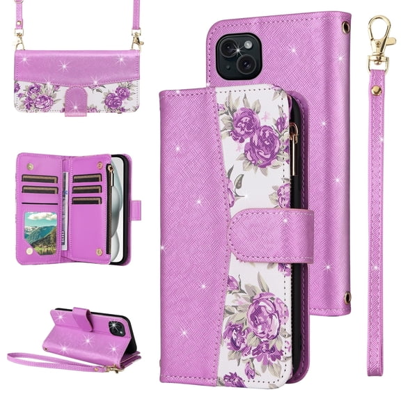Furiet for iPhone 14 Plus 6.7 inch Floral Wallet Case with Flip Zipper Purse Wrist/Shoulder Strap Card Holder Stand Phone Cover for i-Phone 14  iPhone14Plus 5G i i14   iPhone14 14Plus Women Purple