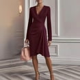 thumbnail image 2 of Busydd Women Dresses Casual Solid Color Long Sleeve Fall Dresses Fashion V Neck Pleated Formal Dresses for Women S, 2 of 6