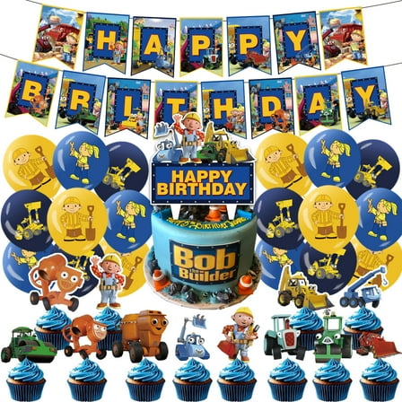 32 Pcs For Bob the Builder Theme Party Supplies Set – Includes Banner, Cake Topper, 12 Cupcake Toppers, and 18 Balloons for Birthday Decorations
