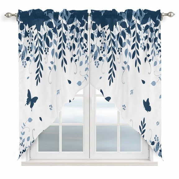 Blue Spring Botanical Swag Valances for Windows, Kitchen Window Curtains Over Sink, Weeping Eucalyptus Butterfly Window Treatment Curtains for Living Room/Bedroom Curtains 2 Panel Sets 36"x45"