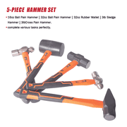WINMAX AUTOMOTIVE TOOLS 5 Pieces Hammer Set Cross Pein Hammer Ball Pein Hammer Rubber Mallet