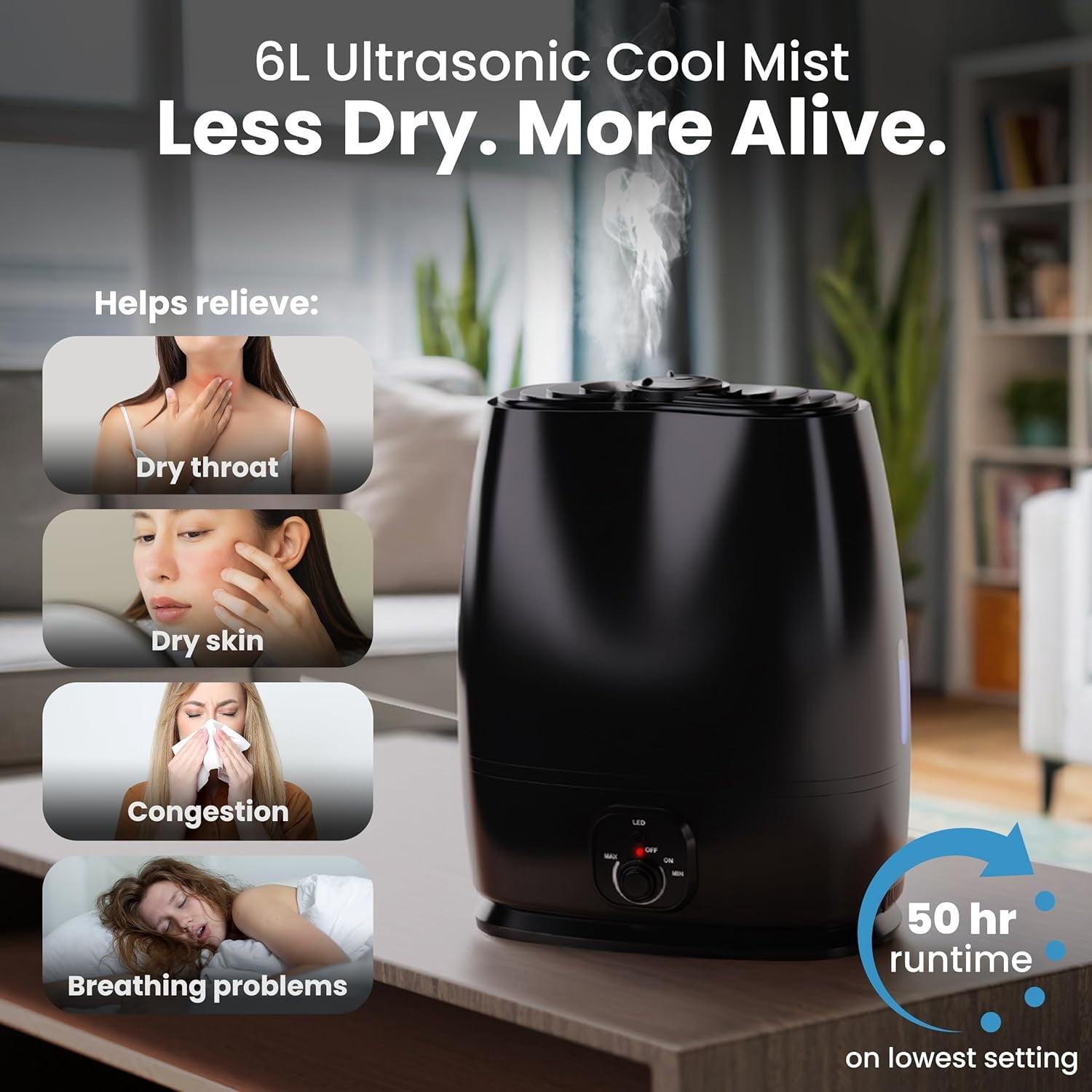 6L Humidifiers for Bedroom, Quiet 50HR Runtime No-Filter Supersized Cool Mist Humidifier Large Room for Whole House, Plants, Baby Nursery, Allergies, Dry Skin, Congestion, Indoor
