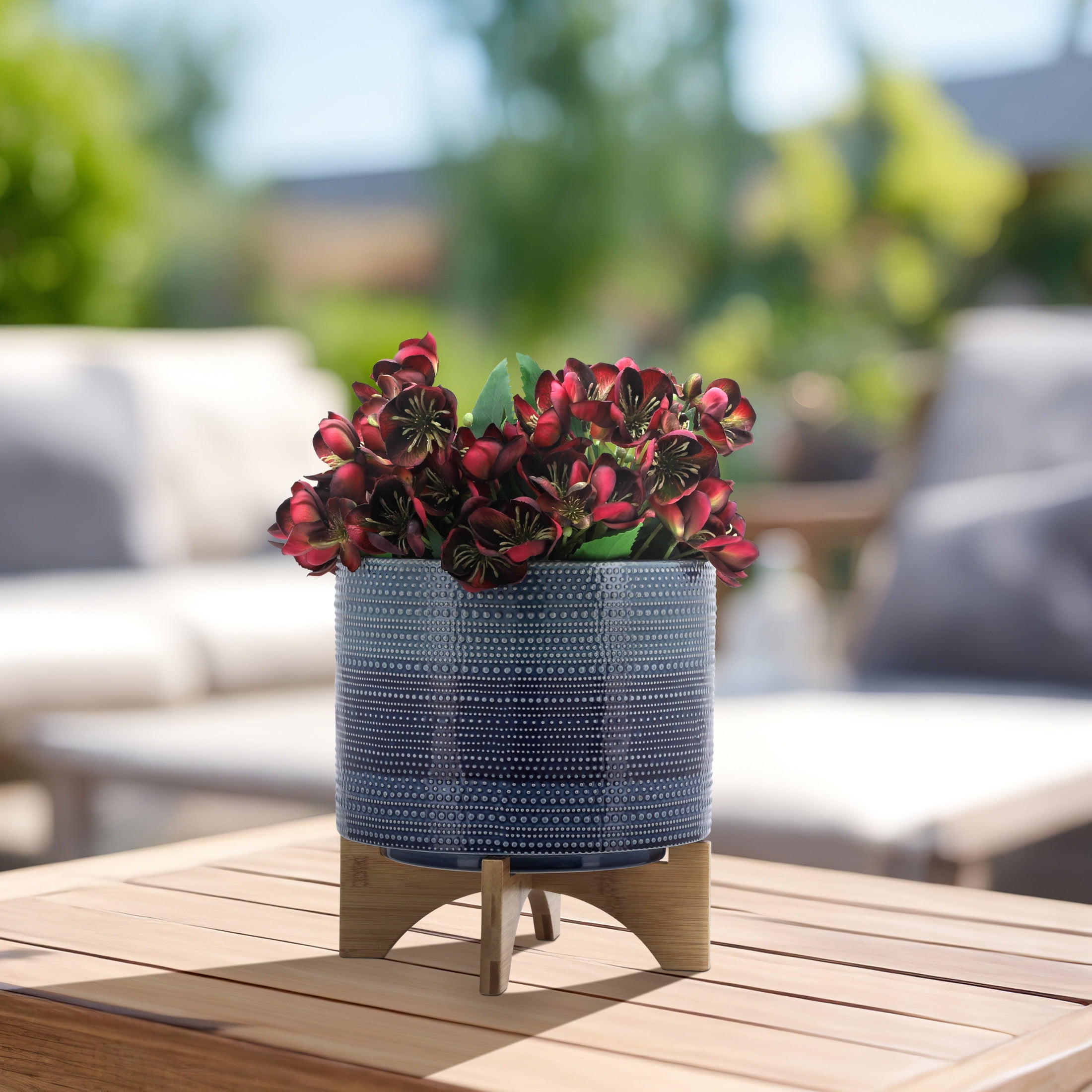 Cylindrical Dotted Flower Pots with Bamboo Stand for Home Decor - Planter for Indoor and Outdoor Plants - Decorative Plant Pots Ceramic Planter for Garden Style Spaces - 11", Blue