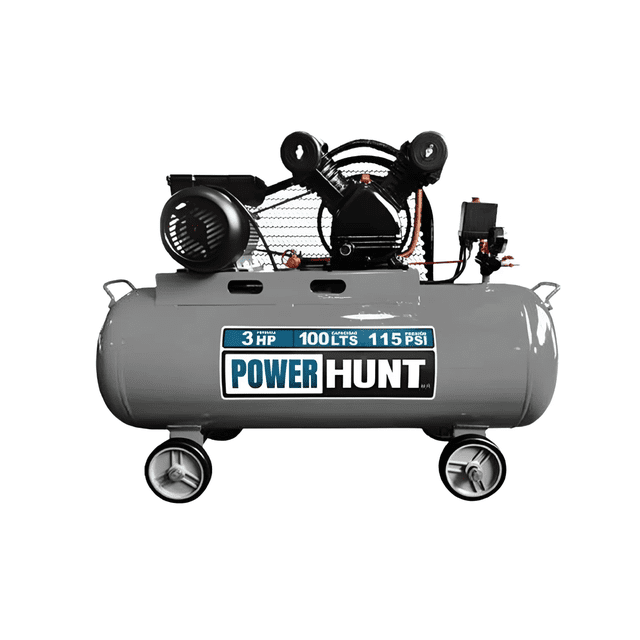 Compresor De Aire Eléctrico Portátil 100lts Power Hunt 3hp con banda y doble conexión rapida, presion de 8 bar/ 115 psi