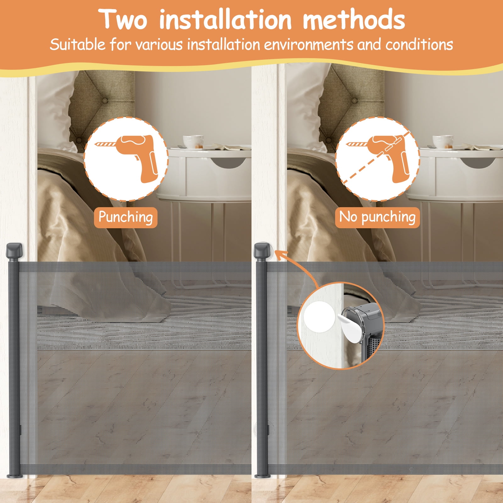 BEBANG Retractable Baby Gate, 2 Installation Modes, 71" Retractable Dog Gate for Stairs, Doorways, Hallways, Indoor and Outdoor, Gray
