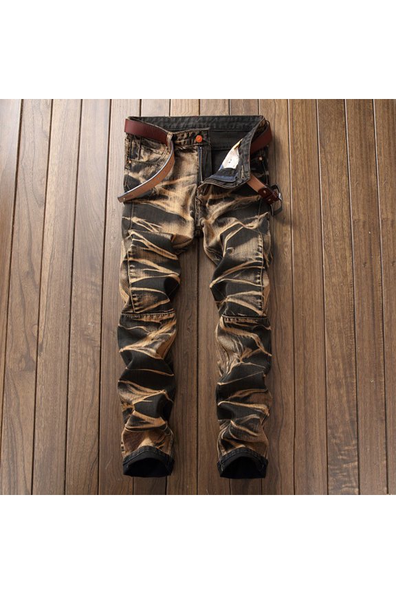 Men's Casual Pocket Button Washed Tie-dye Overalls Outdoor Casual Jeans Trousers Breathable Mountain Camping Fishing Pant