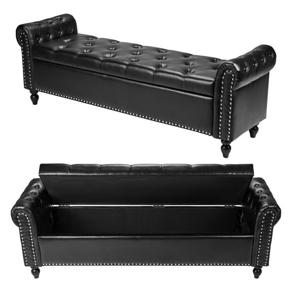 KFFKFF Button-Tufted Storage Ottoman Bench, Rolled Arm Faux Leather Bench with Sturdy Wooden Legs, Modern Shoe Bench for Entryway, Upholstered Bedroom or Living Room Seat, Black