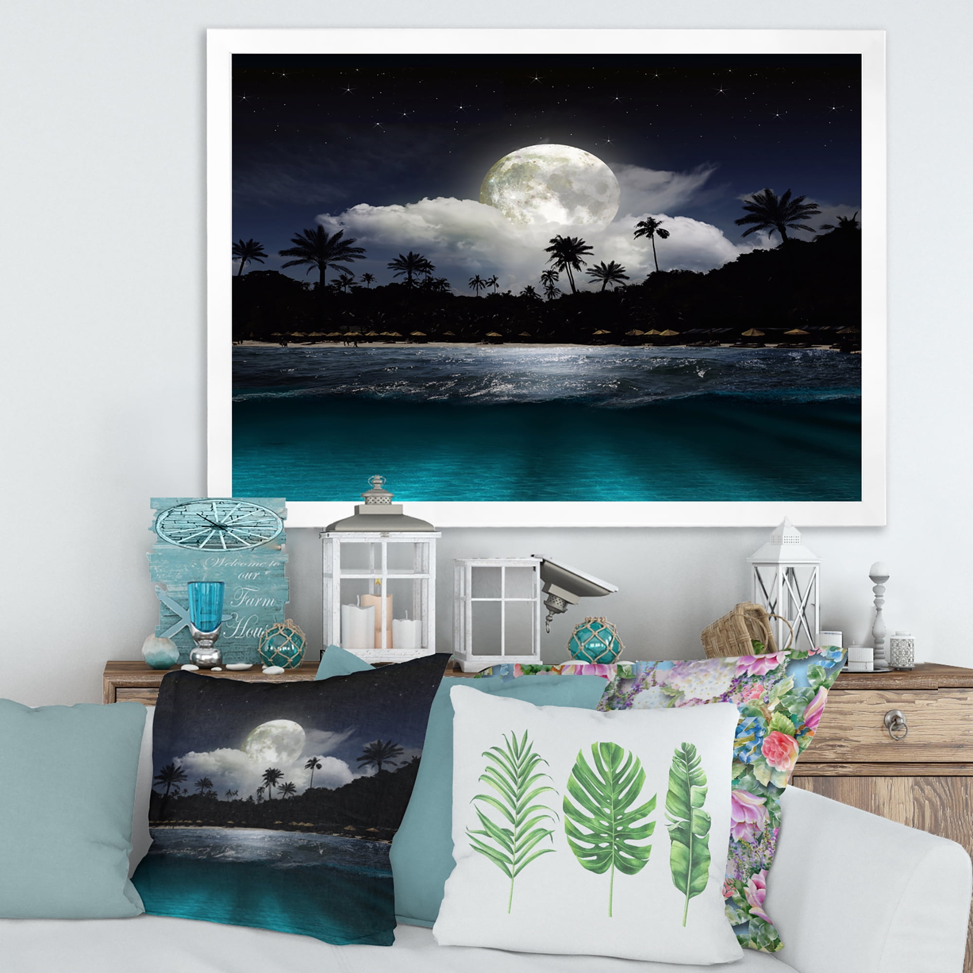 Designart 'Green Beach Under Tropical Full Moon' Modern Framed Art Print