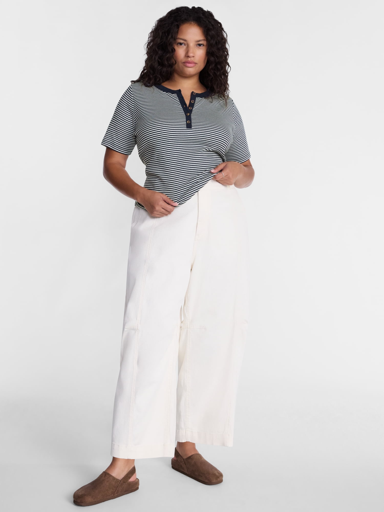 Terra & Sky Women's Plus Ribbed Henley Top with Short Sleeves, Sizes 0X-5X