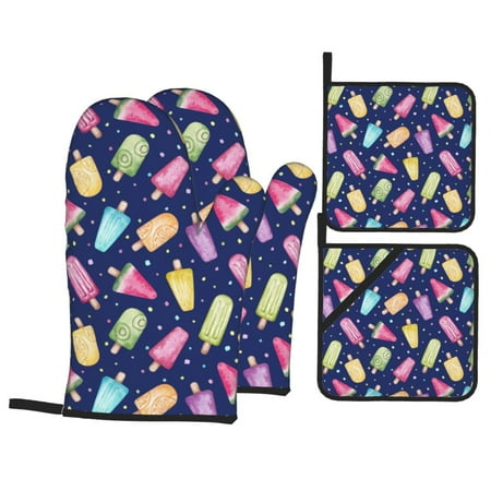 

Oven Mitts and Pot Holders Sets 4 pcs Popsicle print colorful Non-Slip Oven Gloves Potholders Soft Quilted Lining Heat Resistant Gloves Hot Pads for Kitchen Cooking Baking