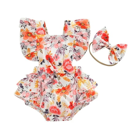 

Musuos Baby Girls 2Pcs Summer Outfits Cute Ruffle Sleeve Elastic Waist Floral Romper with Headband Set