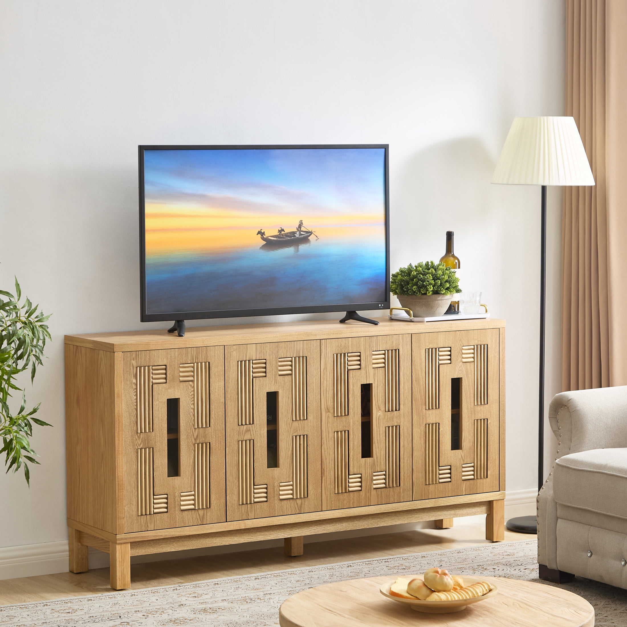 GDF Studio 60.7" Mid Century Modern Sideboard Cabinet with Doors, Adjustable Shelves, Carved Openwork, Natural