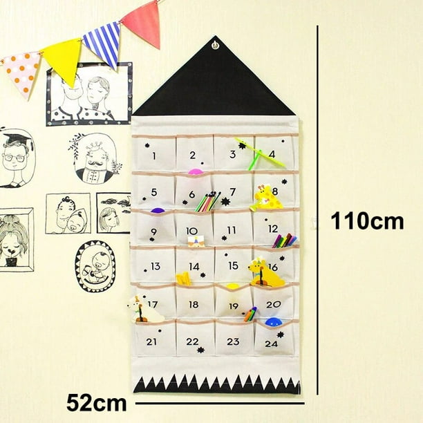 Calendario de Adviento de tela para colgar, 24 bolsillos, adornos navideños, bolsas con cordón, pancarta colgante para puerta y pared