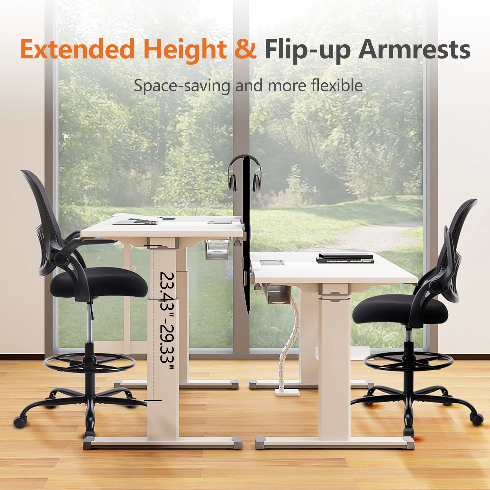 GIANNA Ergonomic Tall Mesh Office Chair with Storable Lumbar Support, Adjustable Foot Ring, Armrests, and Mid-Back Design – High Task Chair with Wheels, Black
