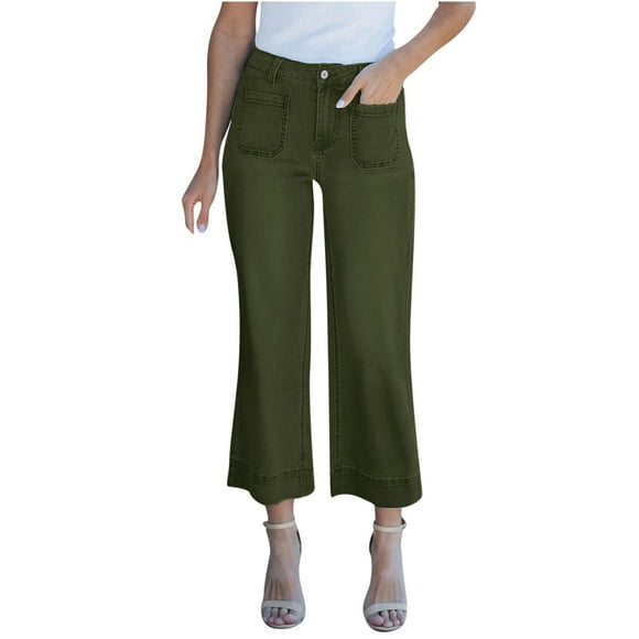 LLYwey on Sale Womens Sweatpants with Pockets Ladies Loose and Slim Wide Leg Straight Leg Pants Casual Solid Color Washed Jeans Cropped Pants New Full Length Pants Regular Fitted Green-1 XXL