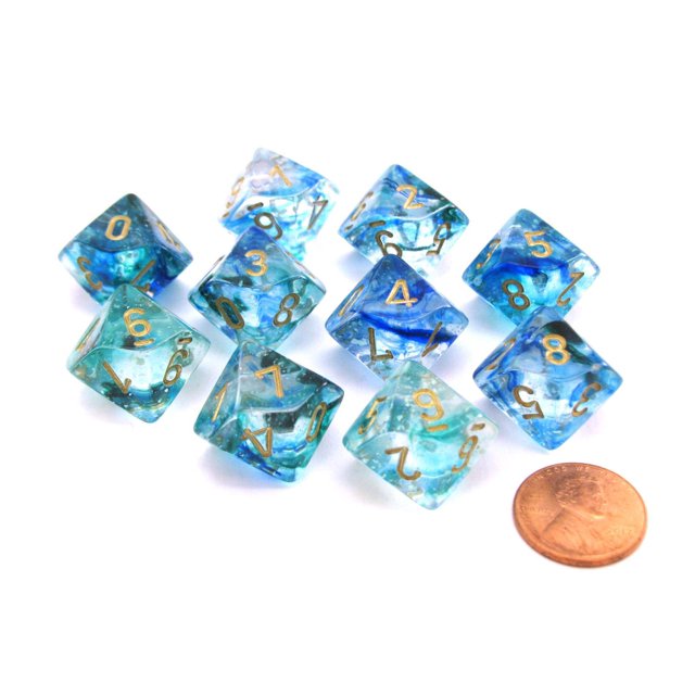 Juego de dados Game Dice Chessex d10 Nebula Luminary Oceanic con oro
