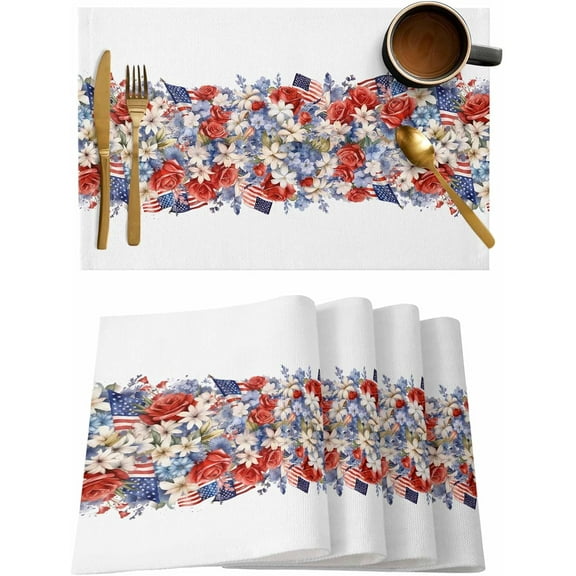 4th Of July Placemats Set of 6,Washable Woven Burlap Cloth Fabric Placemat for Square/Rectangle/Round/Oval Dining Table,Easy Clean Place Mats for Toddlers,Kids White Red Blue Stripes Stars Flag Flower