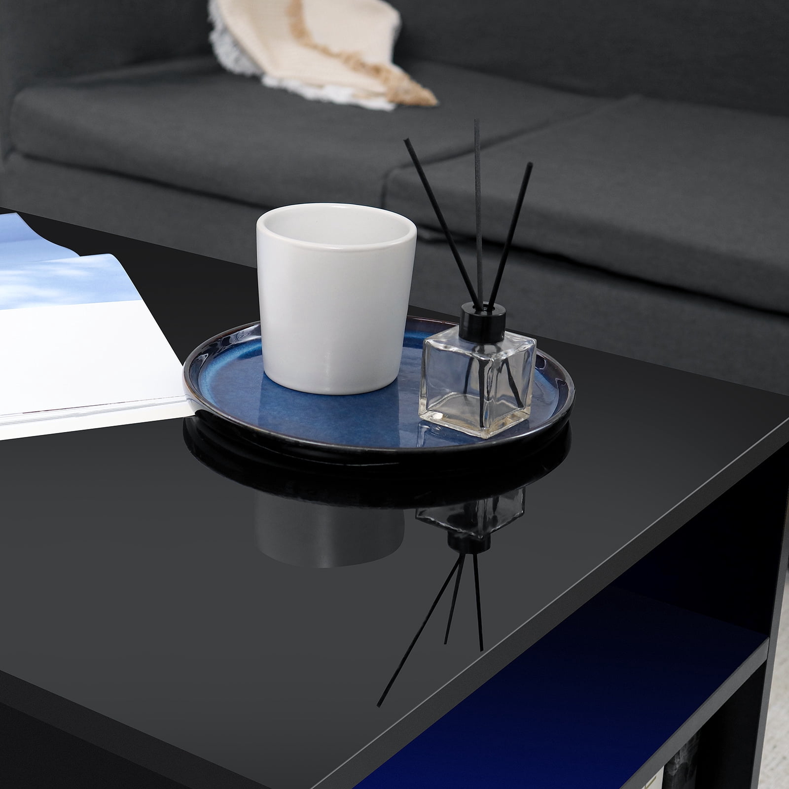 Hommpa Black Coffee Table with LED Lights Living Room Table Glass Open Shelves High Gloss Rectangle Center Table Sofa Side Cocktail Tables