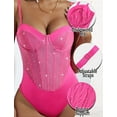thumbnail image 4 of Ausing Women Teddy Lingerie Rhinestone Sparkly Bodysuit Boned One Piece Mini Babydoll Push Up Bodycon Partywear Fuchsia L, 4 of 6
