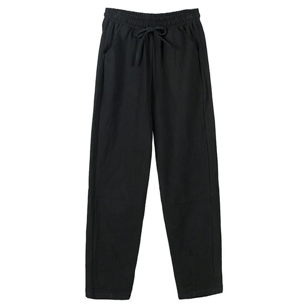 Pantalones palazzo de algodón y lino de cintura alta para mujer: pierna ancha, corte holgado, bolsillos, transpirables para verano/playa